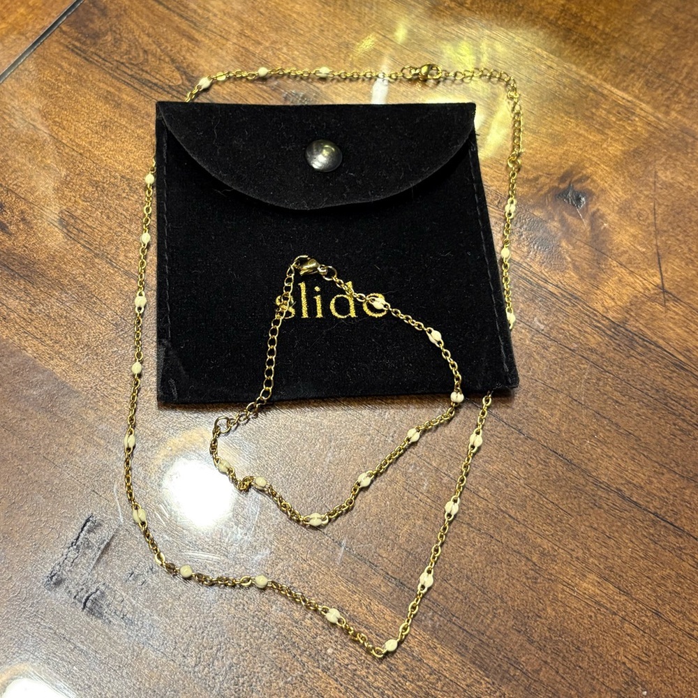 Gold Slide Necklace & Bracelet with faux pearls Black Velvet Pouch